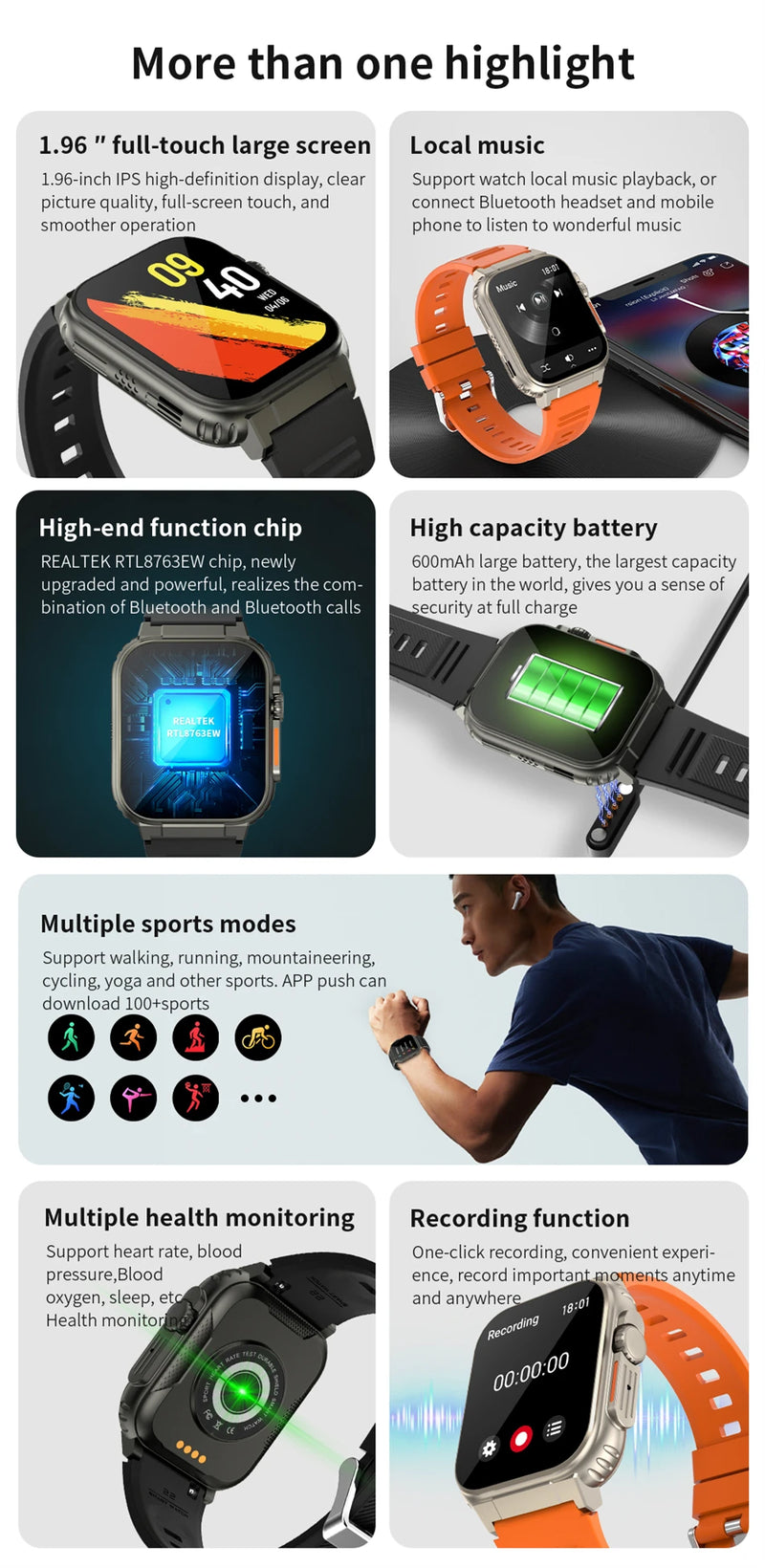 LIGE-Smartwatch Esportivo para Homens e Mulheres, Chamada Bluetooth, Conexão de Música Local, Pulseira TWS, Tela HD AMOLED, Bateria 600 mA